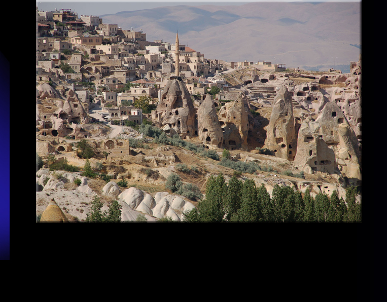 View to the Historic Part of Uchisar from Pigeon Valley, with famous Fairy Chimneys. Photo taken in 2000.