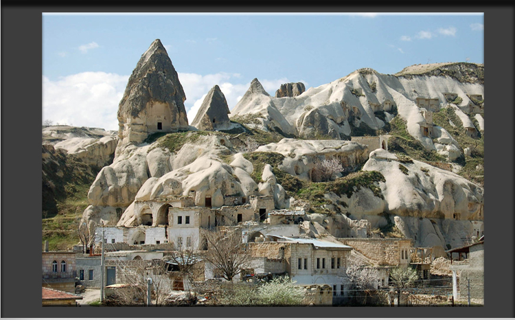Cappadocia, Goreme Village, View to historcal part of the Village with Cave Houses and deserted Fairy Chimneys